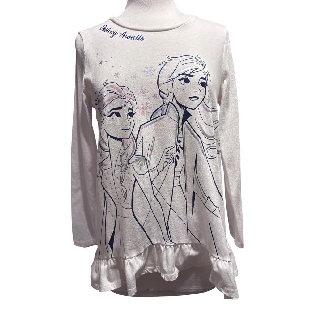 Justice Frozen II Top Kids 18/20 White Excellent Anna Elsa Ruffle Long Sleeve